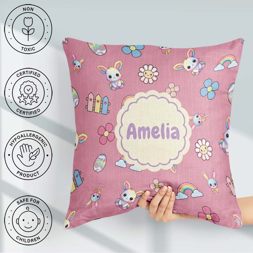 Custom Name Cute Rainbow Bunny Flower Egg Pastel Pink Background Square Filled Cushion Throw Pillow Sofa Bed Home Decor Zip Washable UK Made