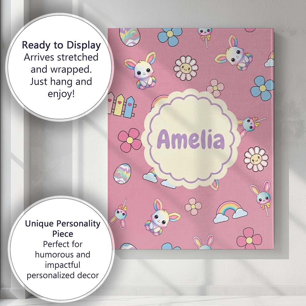 Personalised Name Cute Rainbow Bunny Flower Custom Bespoke Interior Contemporary Canvas Wall Art Print Decor Picture Ready to Hang