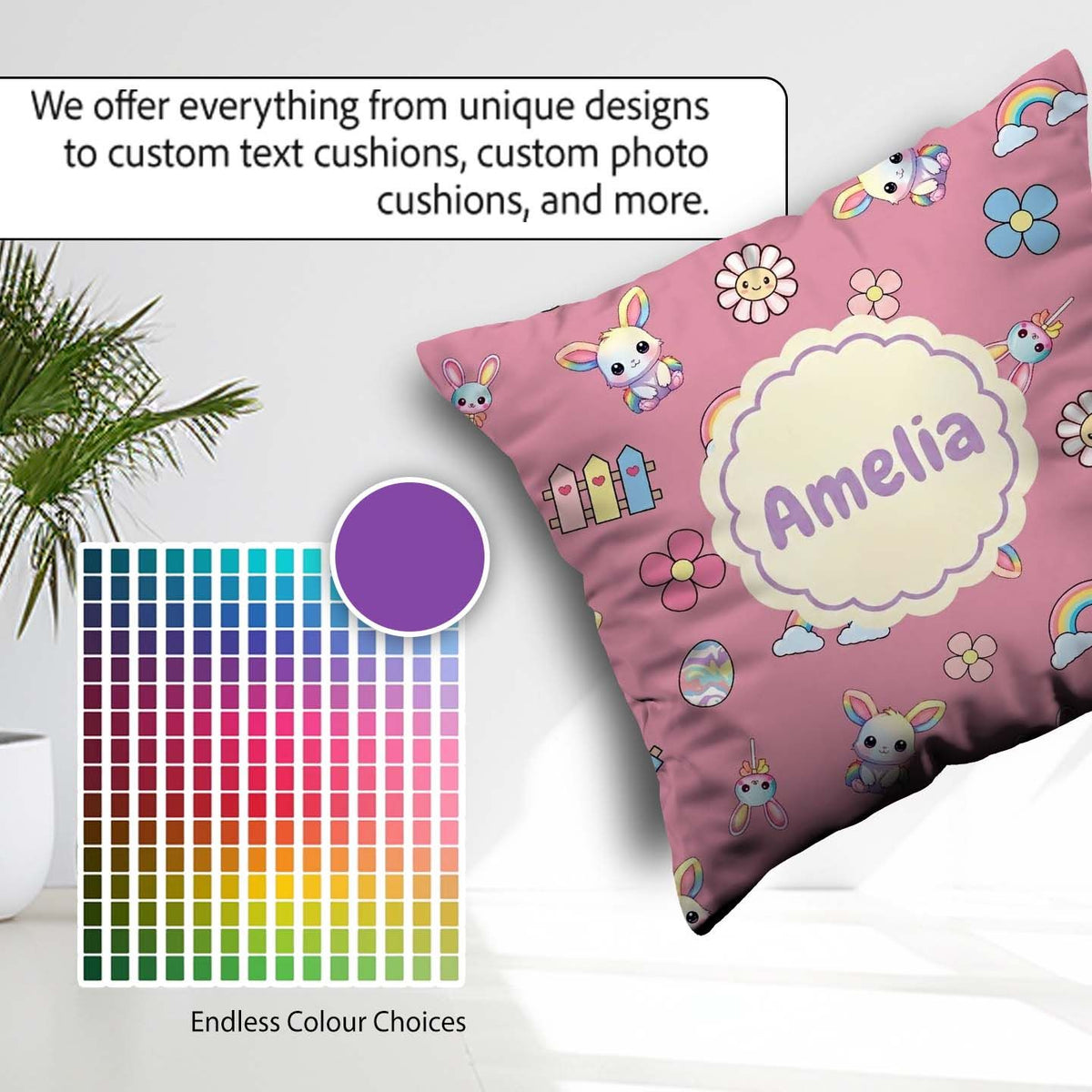 Custom Name Cute Rainbow Bunny Flower Egg Pastel Pink Background Square Filled Cushion Throw Pillow Sofa Bed Home Decor Zip Washable UK Made