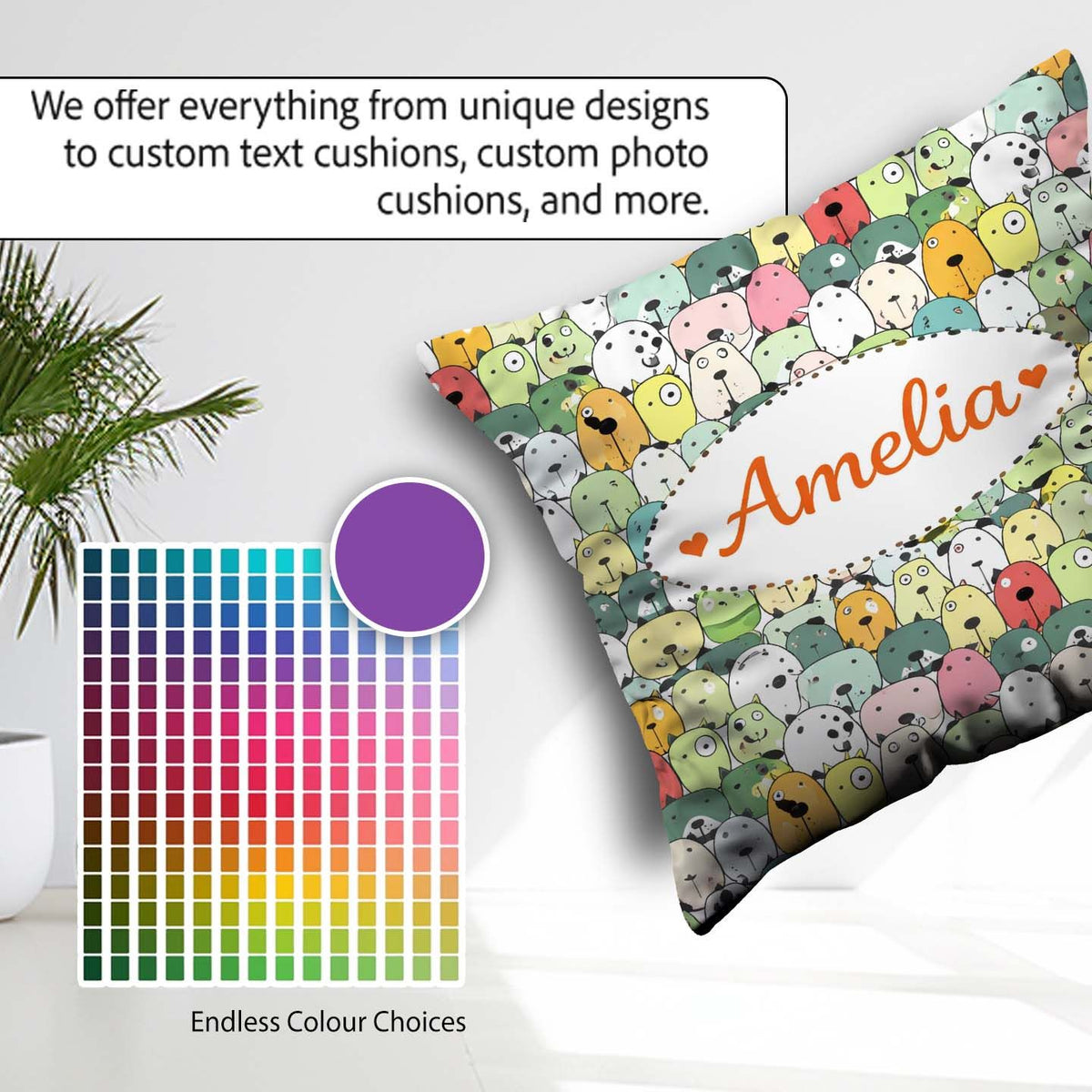 Custom Name Cute Cartoon Dogs Crowd Multicolour Seamless Pattern Square Filled Cushion Throw Pillow Sofa Bed Home Decor Zip Washable UK Made