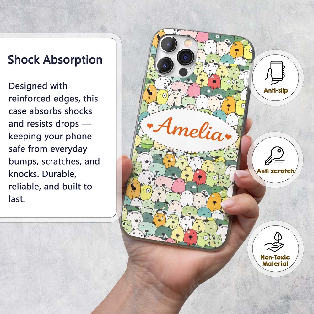 Cute Cartoon Dogs Crowd Multicolour Seamless Custom Name Protective Phone Case Mobile Cover Durable Everyday Smartphone Shock Resistant