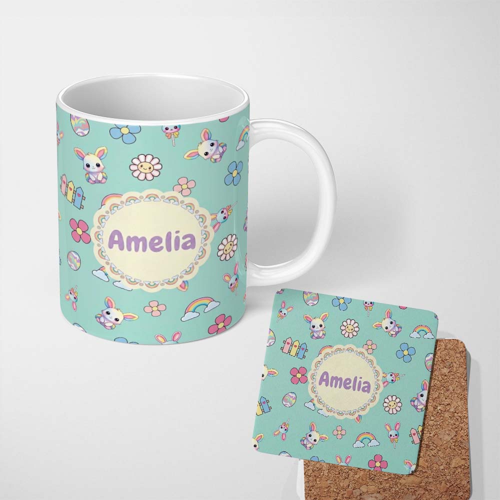 Personalized Custom Name Cute Rainbow Bunny Flower Egg Pastel Kawaii Mint Background 11oz Ceramic Coffee Tea Mug White Large Handle