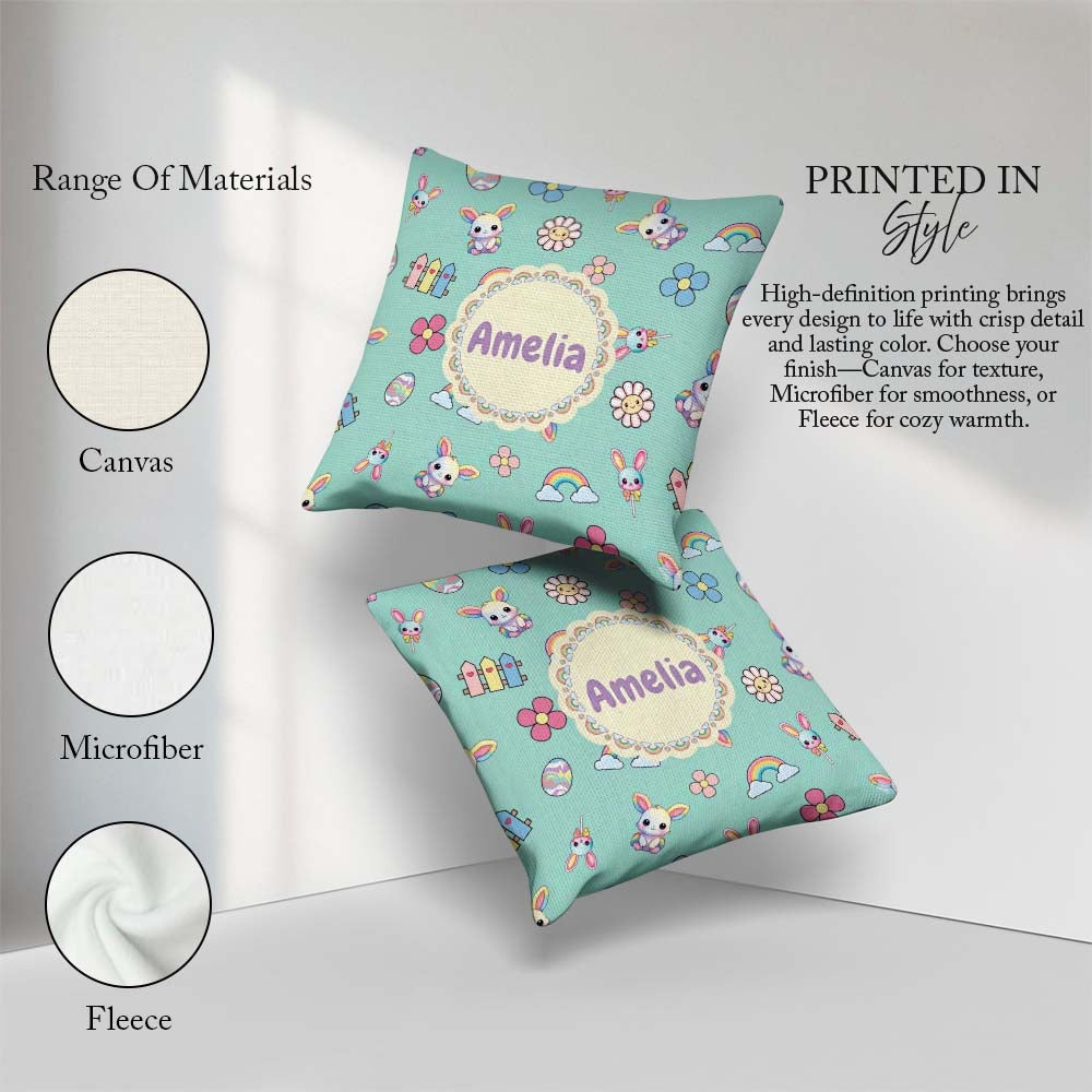 Custom Name Cute Rainbow Bunny Flower Egg Pastel Mint Background Square Filled Cushion Throw Pillow Sofa Bed Home Decor Zip Washable UK Made