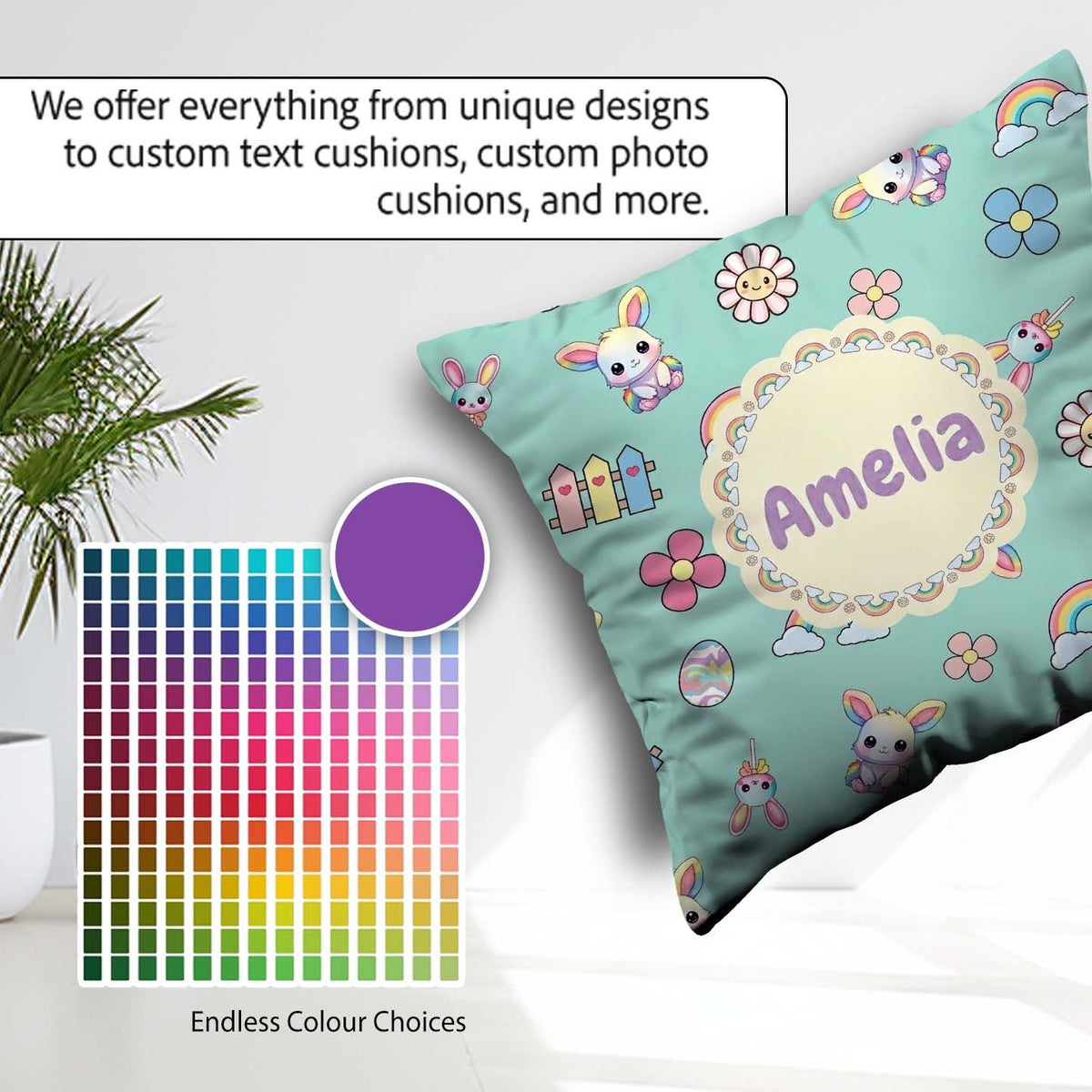 Custom Name Cute Rainbow Bunny Flower Egg Pastel Mint Background Square Filled Cushion Throw Pillow Sofa Bed Home Decor Zip Washable UK Made