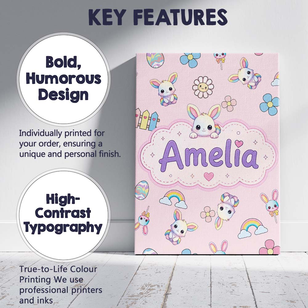 Personalised Name Cute Rainbow Bunny Flower Custom Bespoke Interior Contemporary Canvas Wall Art Print Decor Picture Ready to Hang