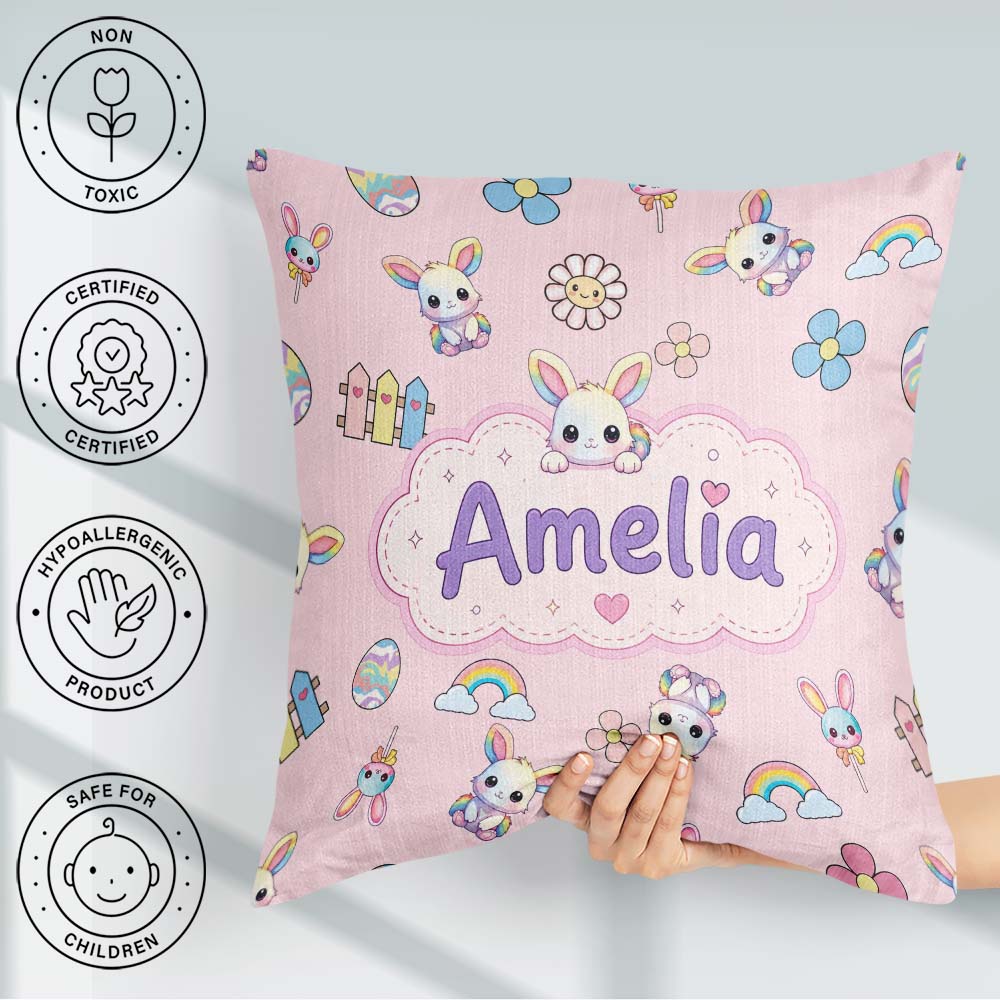 Custom Name Cute Rainbow Bunny Flower Egg Pastel Pink Background Square Filled Cushion Throw Pillow Sofa Bed Home Decor Zip Washable UK Made