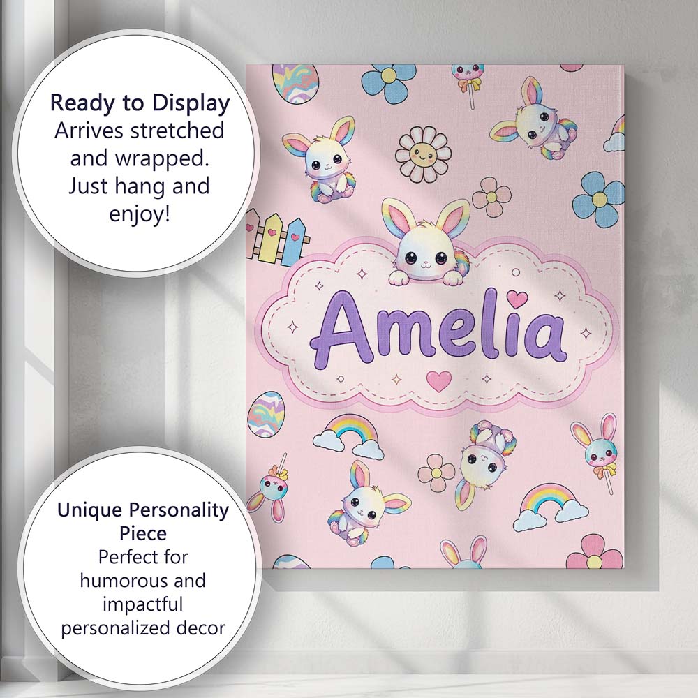 Personalised Name Cute Rainbow Bunny Flower Custom Bespoke Interior Contemporary Canvas Wall Art Print Decor Picture Ready to Hang