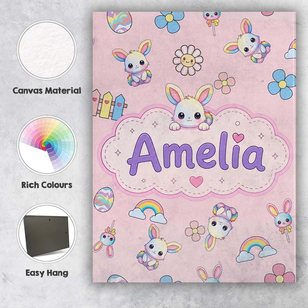 Personalised Name Cute Rainbow Bunny Flower Custom Bespoke Interior Contemporary Canvas Wall Art Print Decor Picture Ready to Hang