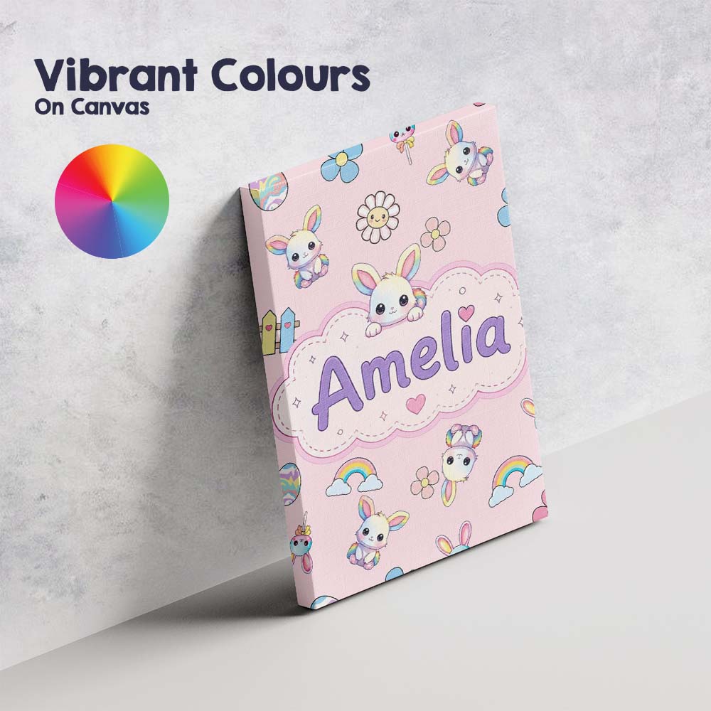 Personalised Name Cute Rainbow Bunny Flower Custom Bespoke Interior Contemporary Canvas Wall Art Print Decor Picture Ready to Hang