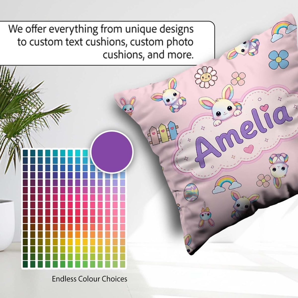 Custom Name Cute Rainbow Bunny Flower Egg Pastel Pink Background Square Filled Cushion Throw Pillow Sofa Bed Home Decor Zip Washable UK Made