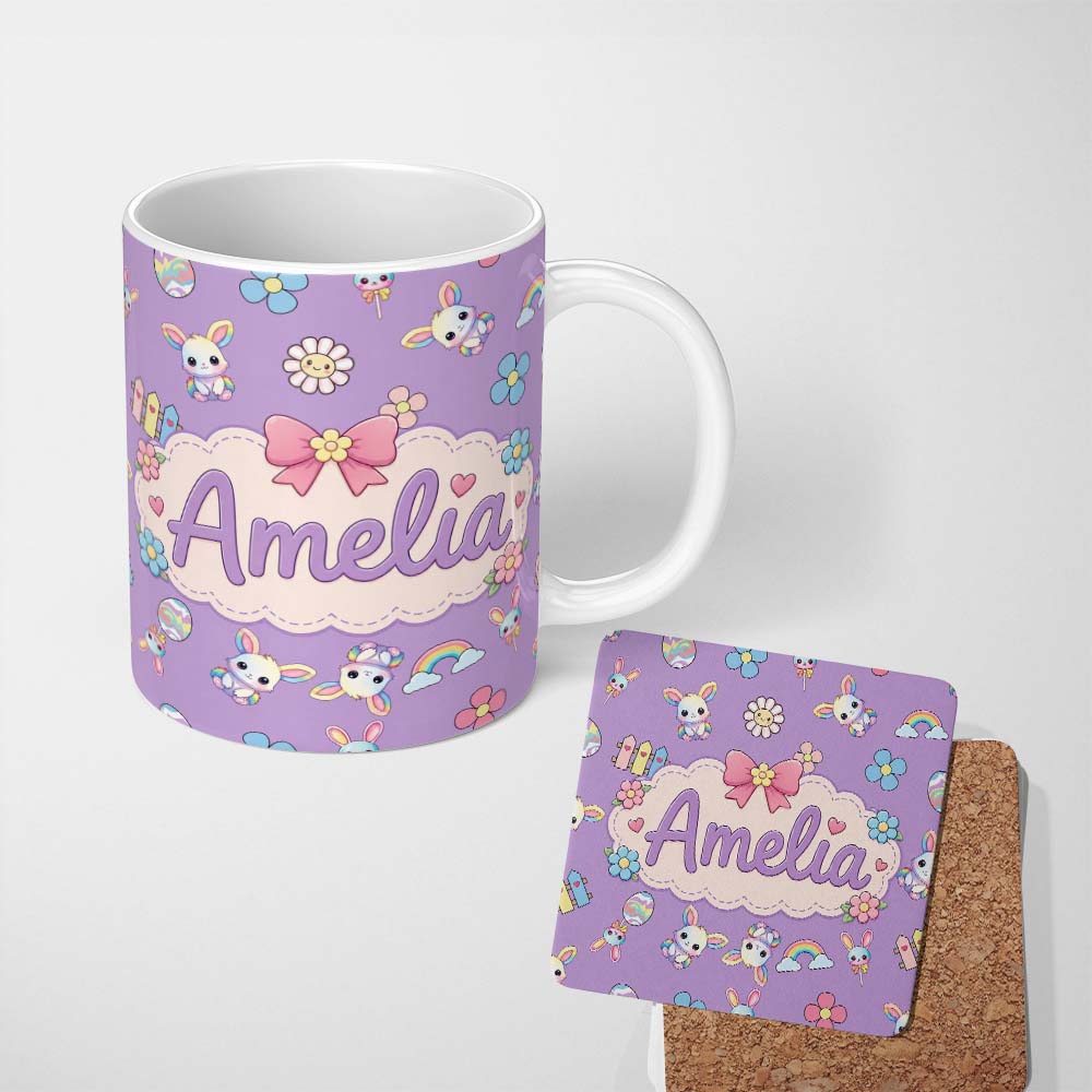 Personalized Custom Name Cute Rainbow Bunny Flower Egg Pastel Purple Background Seamless 11oz Ceramic Coffee Tea Mug White Large Handle