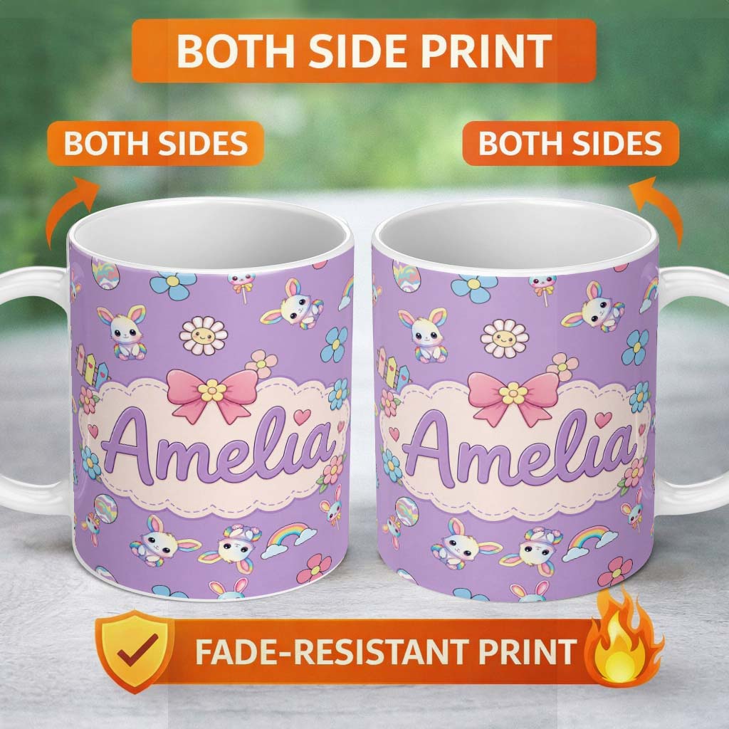 Personalized Custom Name Cute Rainbow Bunny Flower Egg Pastel Purple Background Seamless 11oz Ceramic Coffee Tea Mug White Large Handle