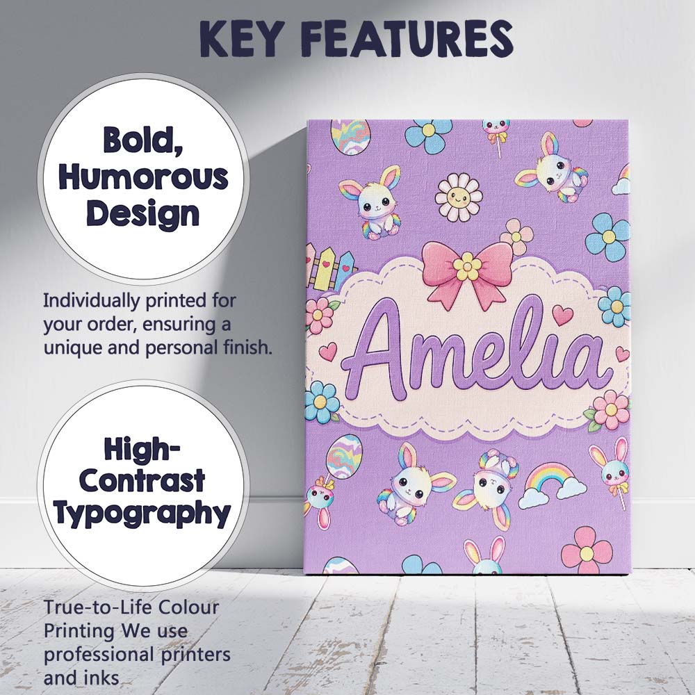 Personalised Name Cute Rainbow Bunny Flower Custom Bespoke Interior Contemporary Canvas Wall Art Print Decor Picture Ready to Hang