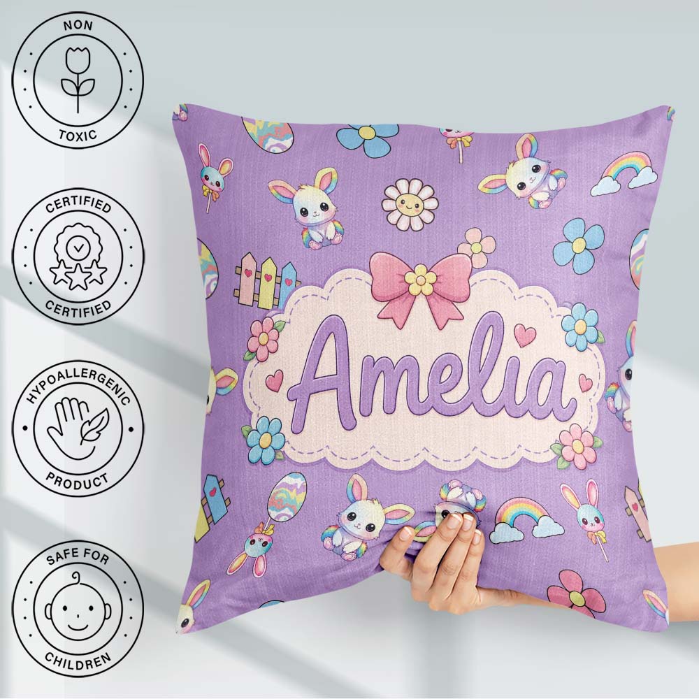 Custom Name Cute Rainbow Bunny Flower Egg Pastel Purple Seamless Square Filled Cushion Throw Pillow Sofa Bed Home Decor Zip Washable UK Made