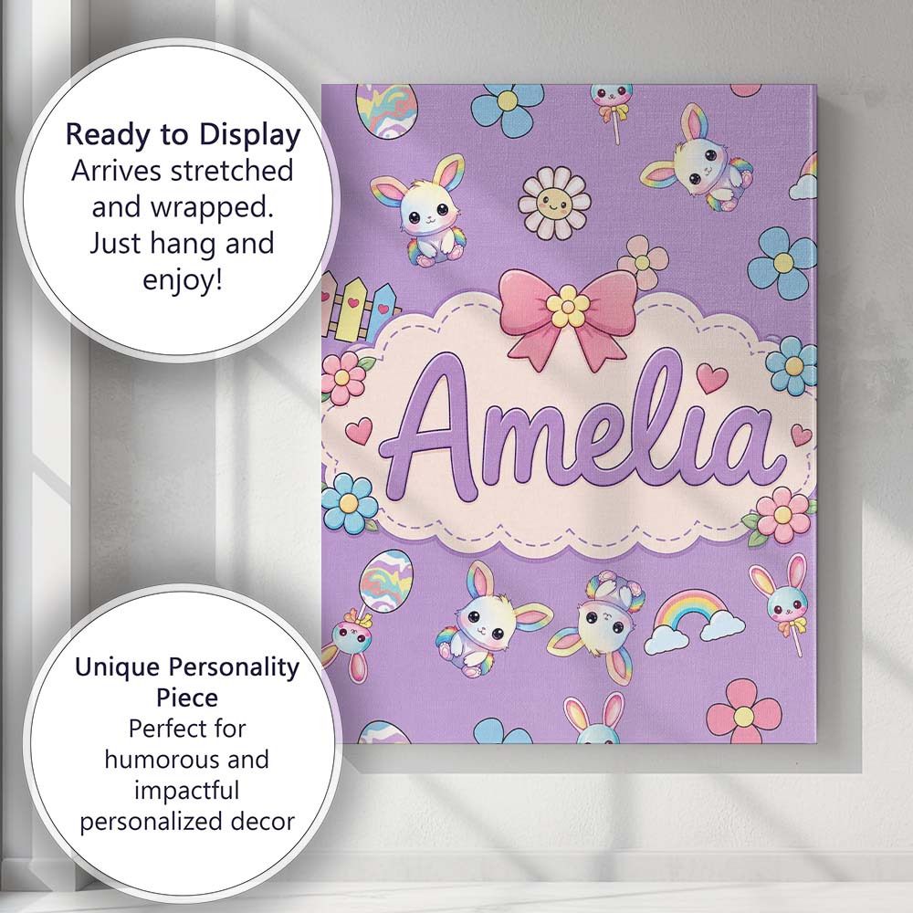 Personalised Name Cute Rainbow Bunny Flower Custom Bespoke Interior Contemporary Canvas Wall Art Print Decor Picture Ready to Hang