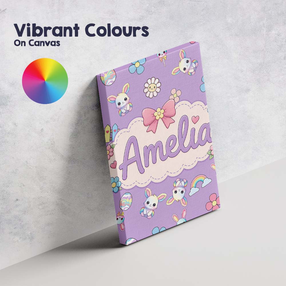 Personalised Name Cute Rainbow Bunny Flower Custom Bespoke Interior Contemporary Canvas Wall Art Print Decor Picture Ready to Hang