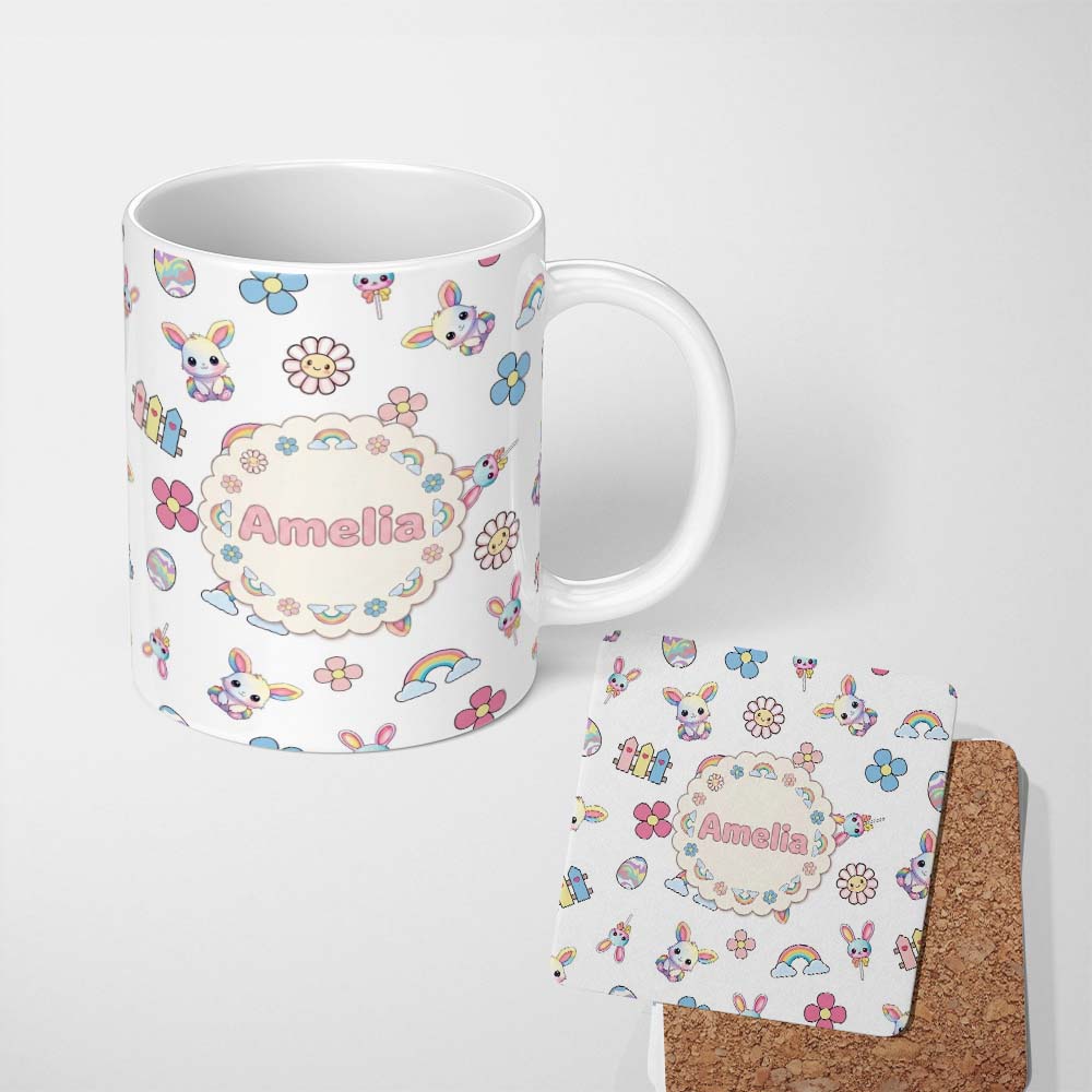 Personalized Custom Name Cute Rainbow Bunny Flower Egg Pastel Grey Background Seamless 11oz Ceramic Coffee Tea Mug White Large Handle