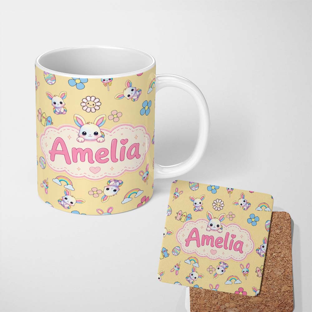 Personalized Custom Name Cute Rainbow Bunny Flower Egg Pastel Yellow Background Seamless 11oz Ceramic Coffee Tea Mug White Large Handle