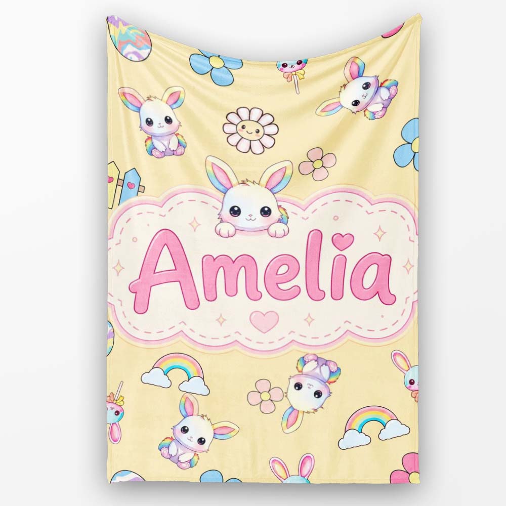 Cute Rainbow Bunny Flower Egg Pastel Yellow Background Seamless Personalised Custom Name Super Soft Fleece Blanket Bed Sofa Throw