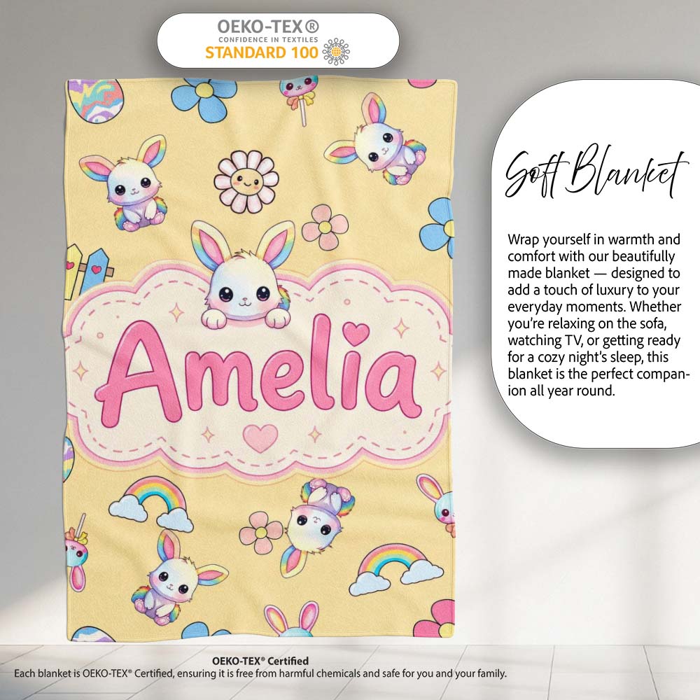 Cute Rainbow Bunny Flower Egg Pastel Yellow Background Seamless Personalised Custom Name Super Soft Fleece Blanket Bed Sofa Throw