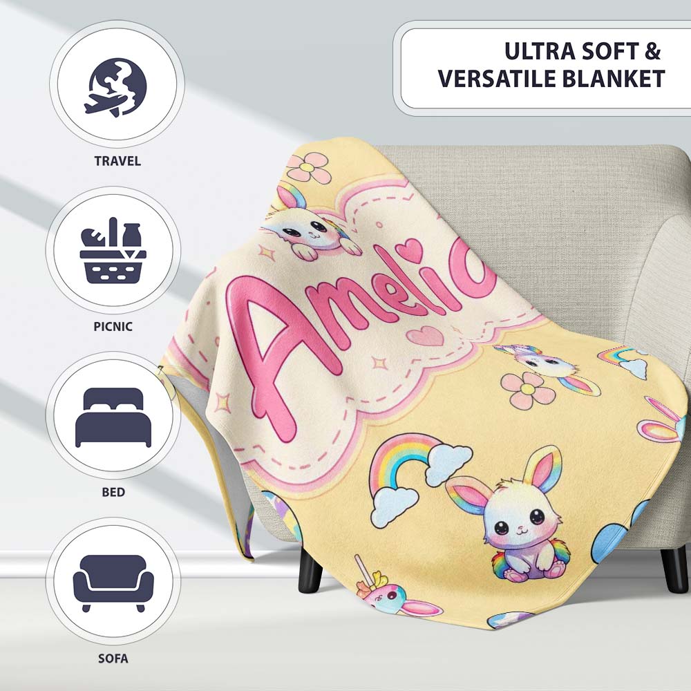 Cute Rainbow Bunny Flower Egg Pastel Yellow Background Seamless Personalised Custom Name Super Soft Fleece Blanket Bed Sofa Throw