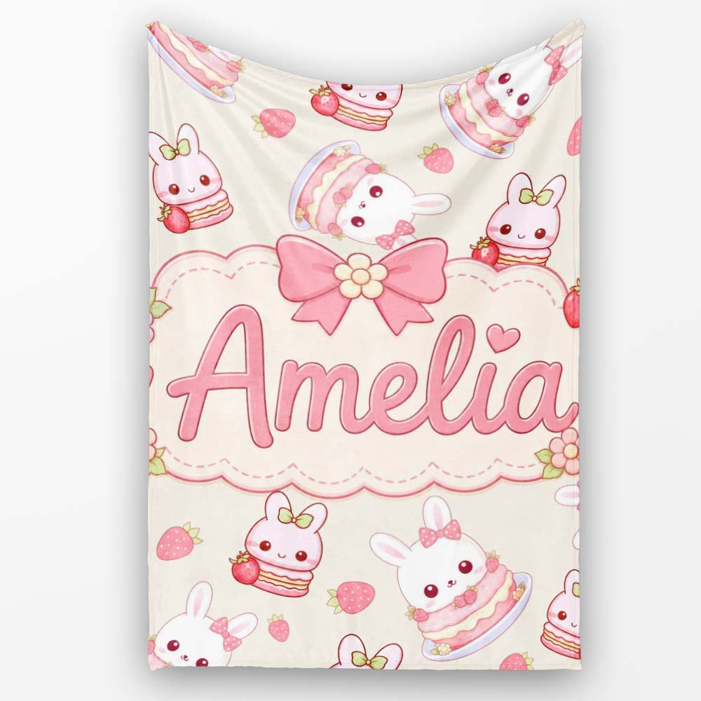 Cute Strawberry Bunny Cake Dessert Kawaii Cream Background Seamless Personalised Custom Name Super Soft Fleece Blanket Bed Sofa Throw