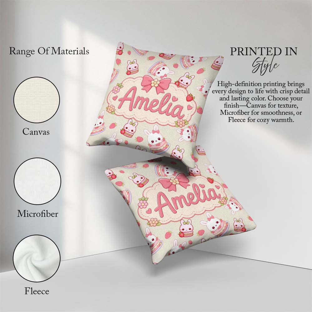 Custom Name Strawberry Bunny Cake Dessert Kawaii Cream Seamless Square Filled Cushion Throw Pillow Sofa Bed Home Decor Zip Washable UK Made