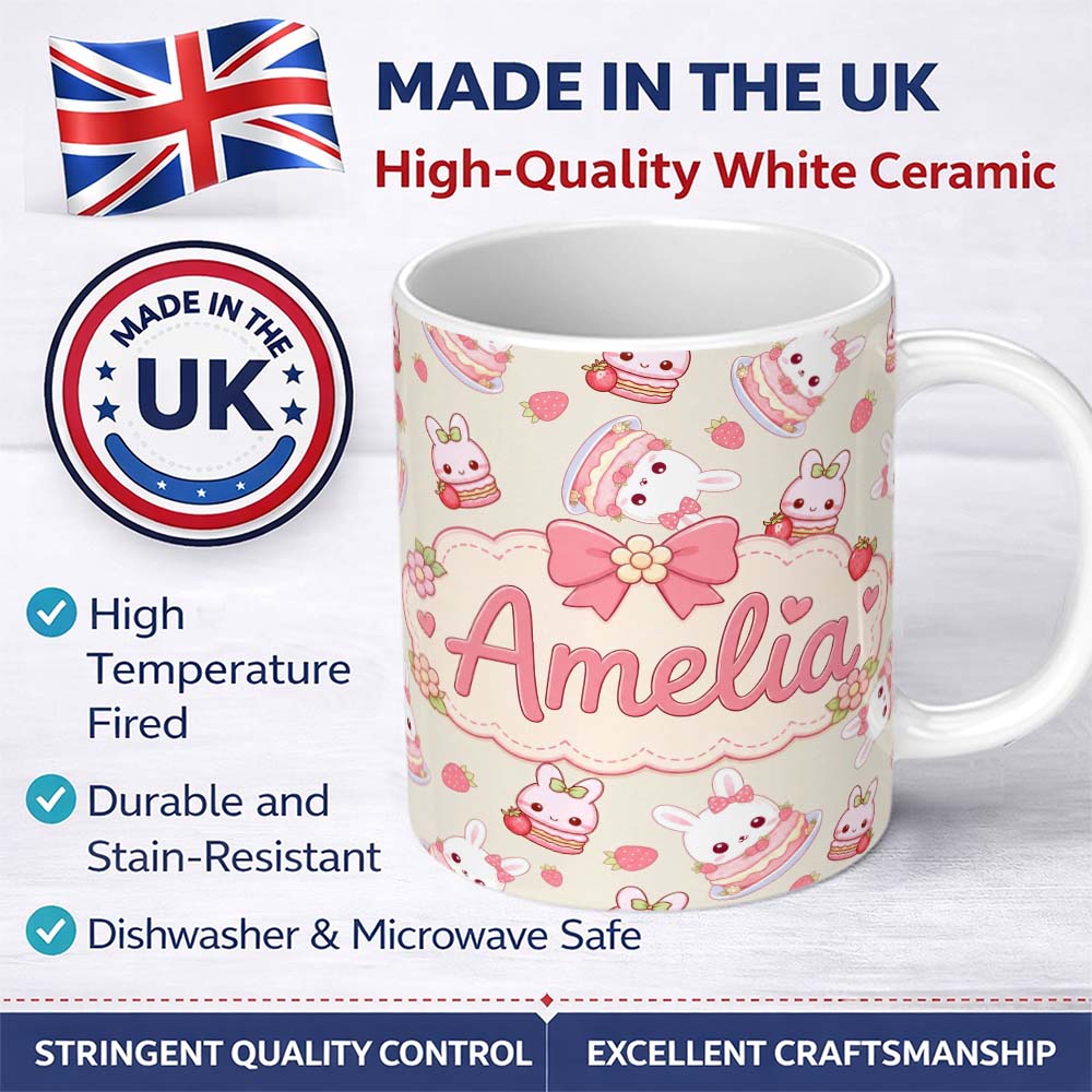 Personalized Custom Name Cute Strawberry Bunny Cake Dessert Kawaii Cream Background Seamless 11oz Ceramic Coffee Tea Mug White Large Handle