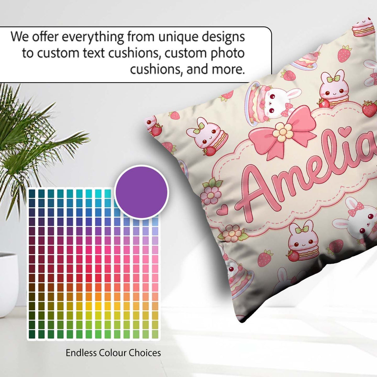Custom Name Strawberry Bunny Cake Dessert Kawaii Cream Seamless Square Filled Cushion Throw Pillow Sofa Bed Home Decor Zip Washable UK Made
