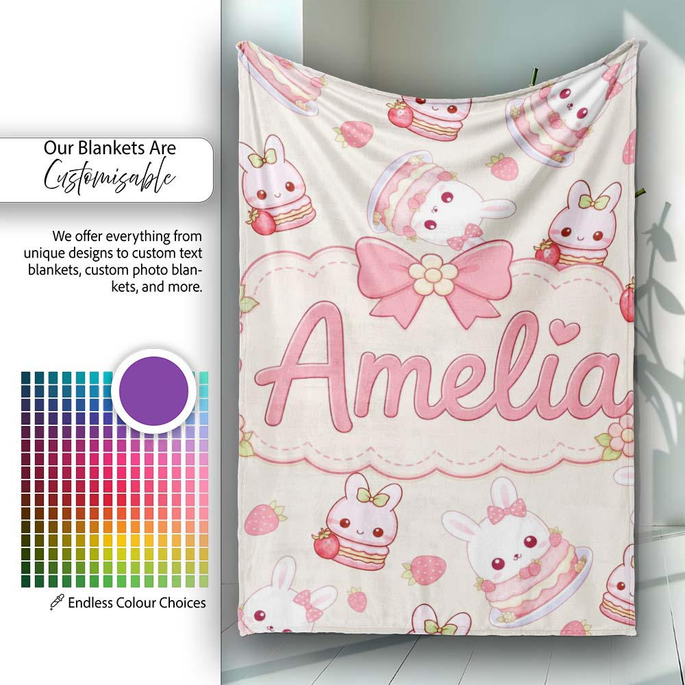Cute Strawberry Bunny Cake Dessert Kawaii Cream Background Seamless Personalised Custom Name Super Soft Fleece Blanket Bed Sofa Throw