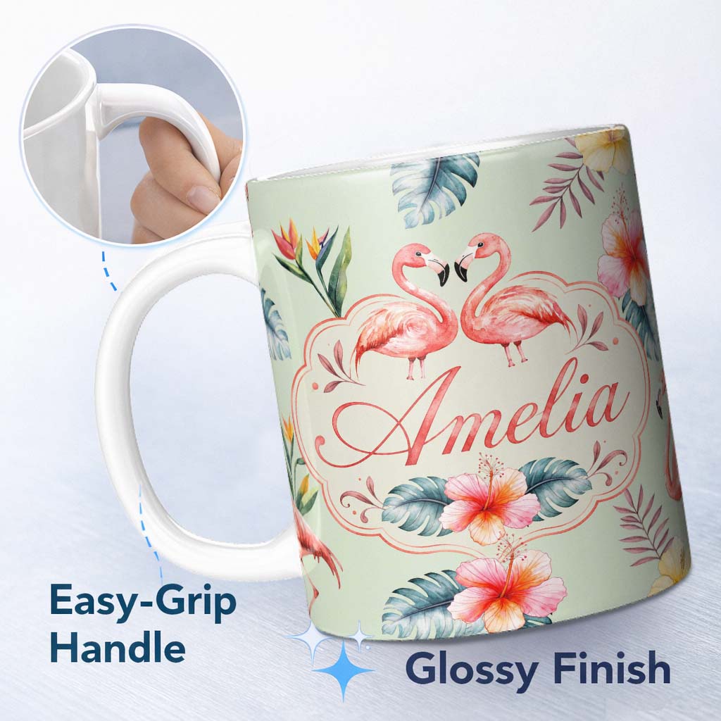 Personalized Custom Name Elegant Pink Flamingos Tropical Flowers on Sage Green Background 11oz Ceramic Coffee Tea Mug White Large Handle