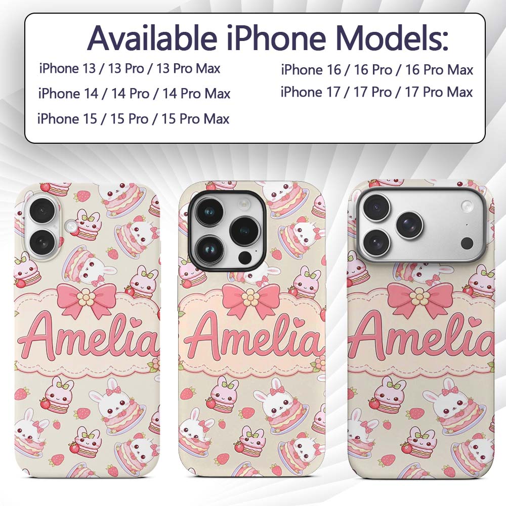 Cute Strawberry Bunny Cake Dessert Kawaii Cream Custom Name Protective Phone Case Mobile Cover Durable Everyday Smartphone Shock Resistant