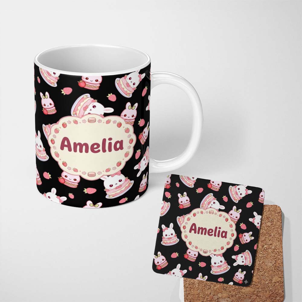 Personalized Custom Name Cute Strawberry Bunny Cake Dessert Kawaii Black Background Seamless 11oz Ceramic Coffee Tea Mug White Large Handle