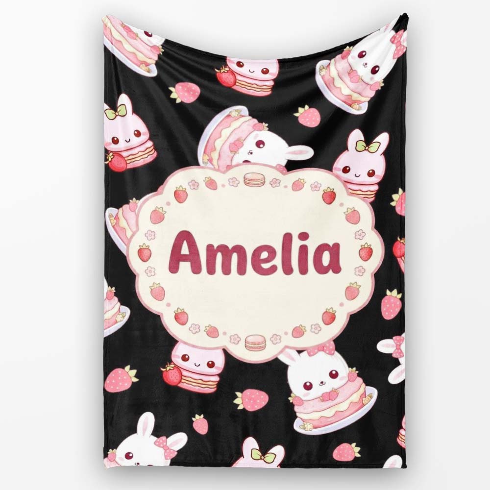 Cute Strawberry Bunny Cake Dessert Kawaii Black Background Seamless Personalised Custom Name Super Soft Fleece Blanket Bed Sofa Throw