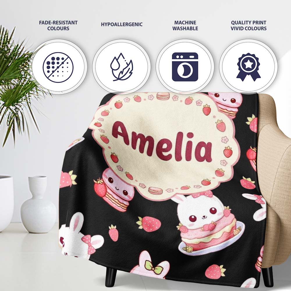 Cute Strawberry Bunny Cake Dessert Kawaii Black Background Seamless Personalised Custom Name Super Soft Fleece Blanket Bed Sofa Throw