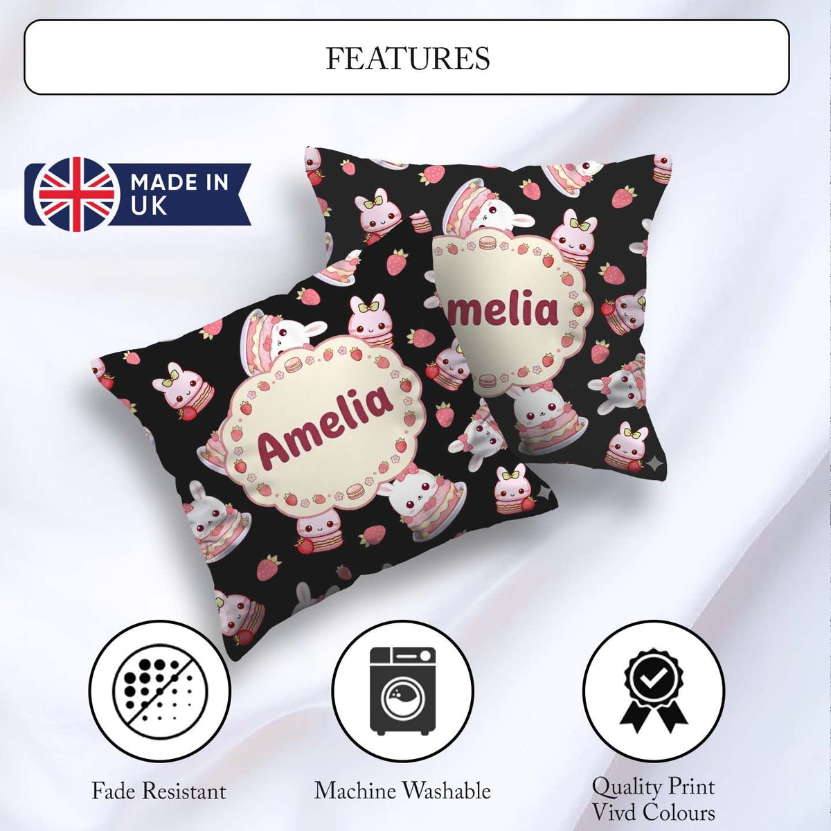 Custom Name Strawberry Bunny Cake Dessert Kawaii Black Seamless Square Filled Cushion Throw Pillow Sofa Bed Home Decor Zip Washable UK Made