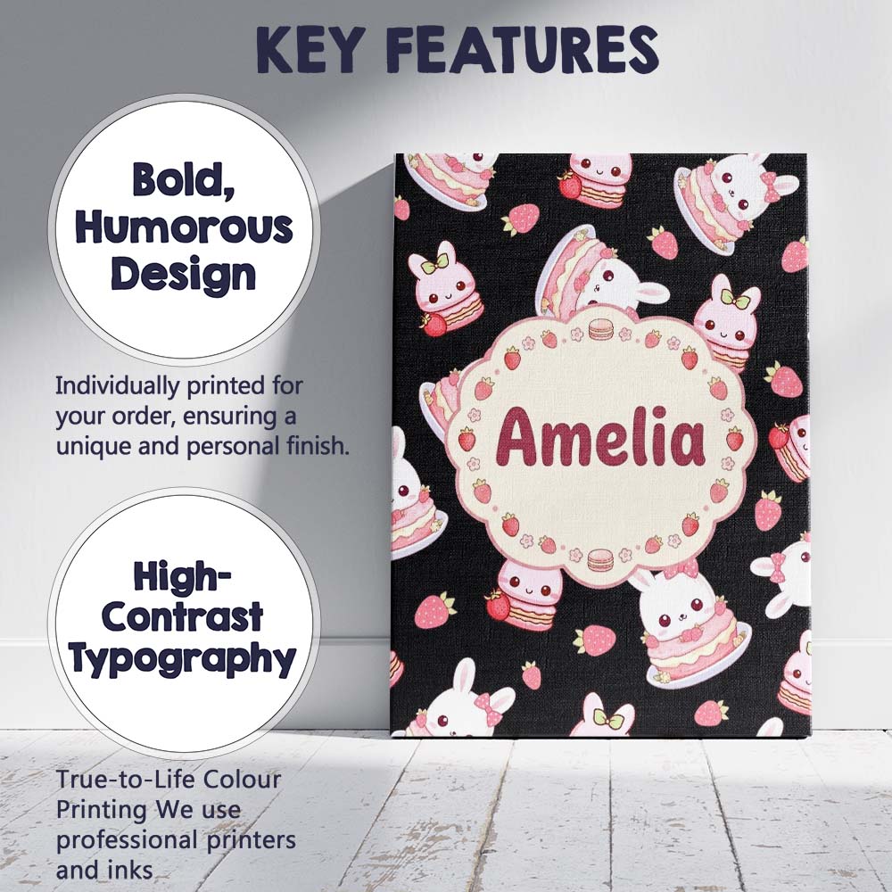 Personalised Name Cute Strawberry Bunny Custom Modern Room Accent Elegant Feature Canvas Wall Art Print Decor Picture Ready to Hang