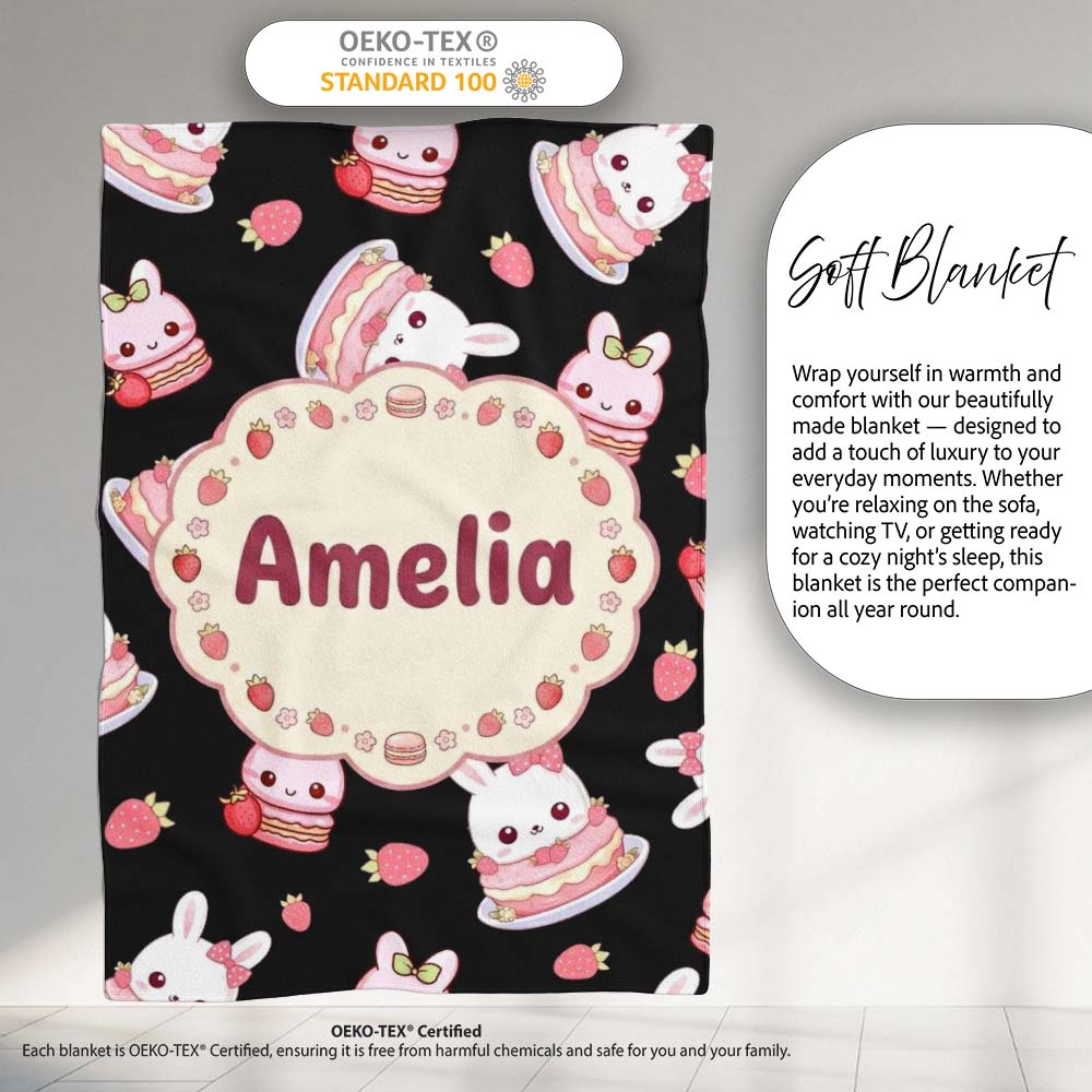 Cute Strawberry Bunny Cake Dessert Kawaii Black Background Seamless Personalised Custom Name Super Soft Fleece Blanket Bed Sofa Throw