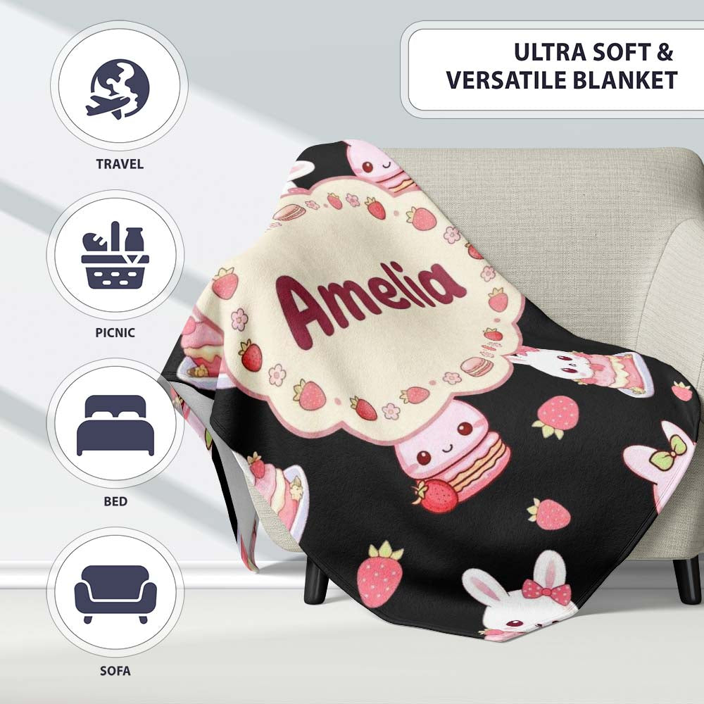 Cute Strawberry Bunny Cake Dessert Kawaii Black Background Seamless Personalised Custom Name Super Soft Fleece Blanket Bed Sofa Throw