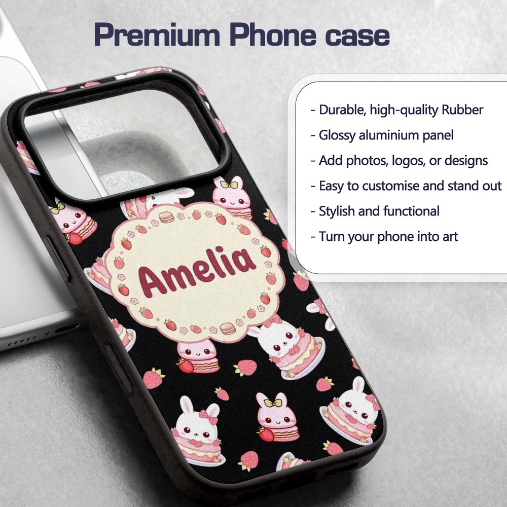 Cute Strawberry Bunny Cake Dessert Kawaii Black Custom Name Protective Phone Case Mobile Cover Durable Everyday Smartphone Shock Resistant