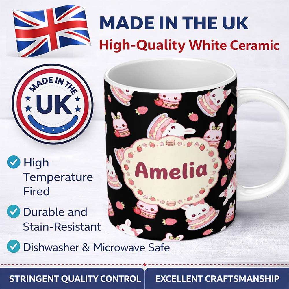 Personalized Custom Name Cute Strawberry Bunny Cake Dessert Kawaii Black Background Seamless 11oz Ceramic Coffee Tea Mug White Large Handle