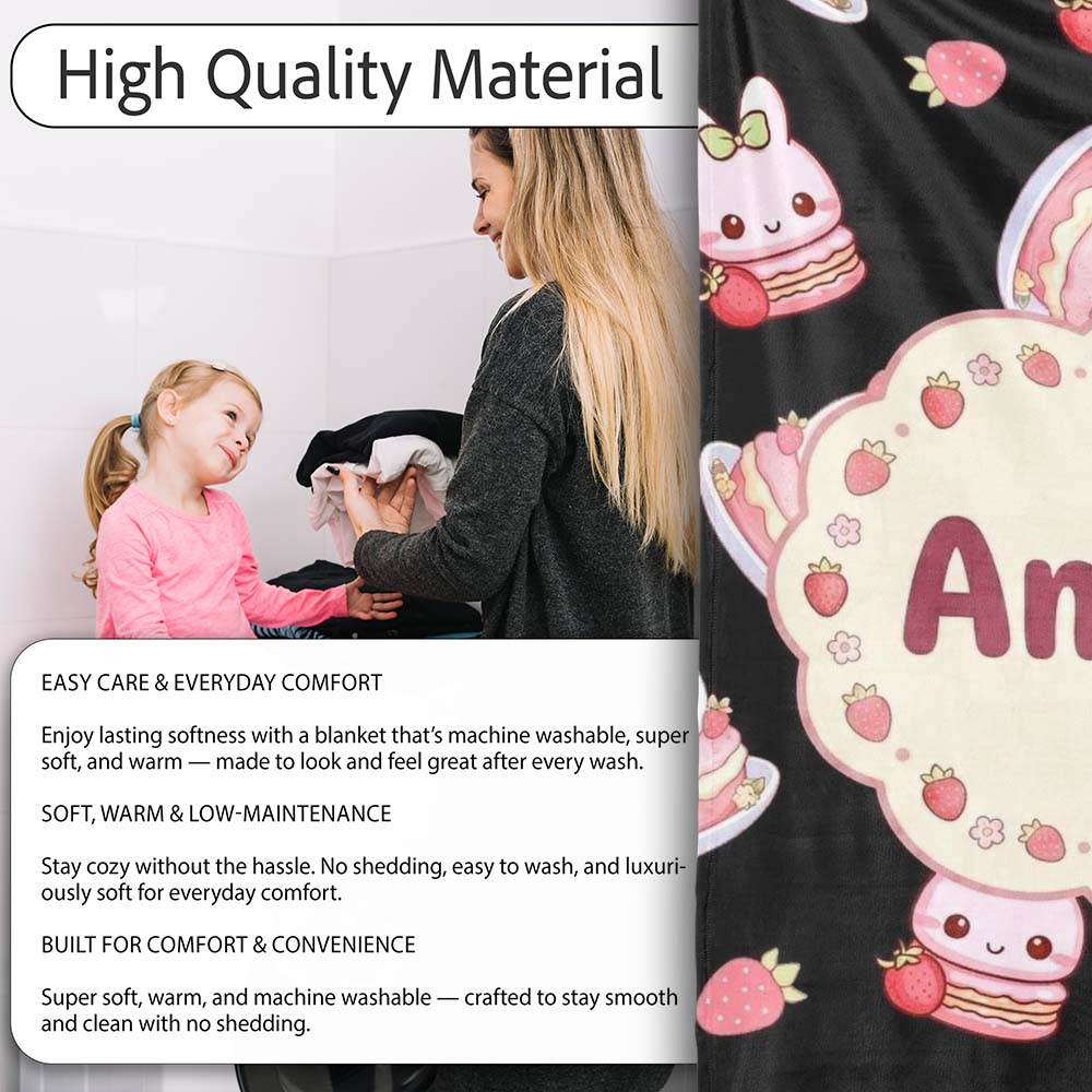 Cute Strawberry Bunny Cake Dessert Kawaii Black Background Seamless Personalised Custom Name Super Soft Fleece Blanket Bed Sofa Throw