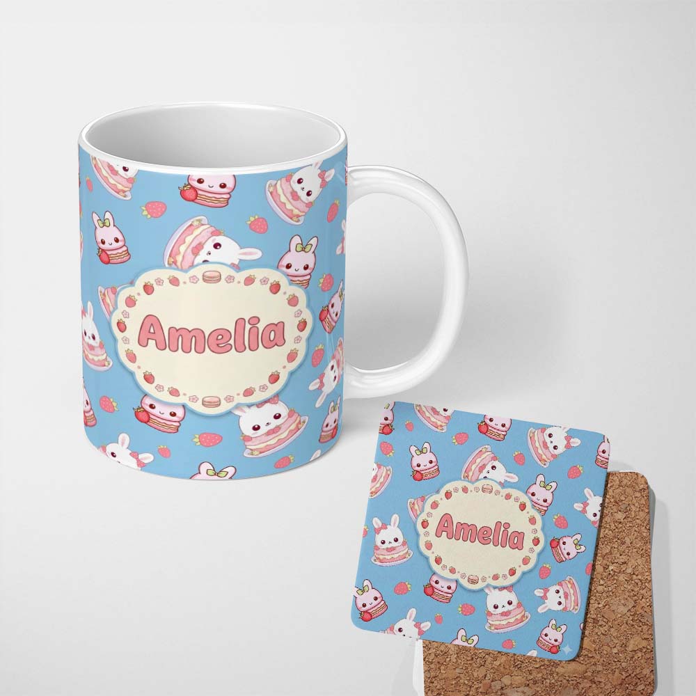 Personalized Custom Name Cute Strawberry Bunny Cake Dessert Kawaii Blue Background Seamless 11oz Ceramic Coffee Tea Mug White Large Handle