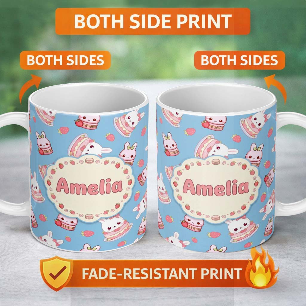 Personalized Custom Name Cute Strawberry Bunny Cake Dessert Kawaii Blue Background Seamless 11oz Ceramic Coffee Tea Mug White Large Handle