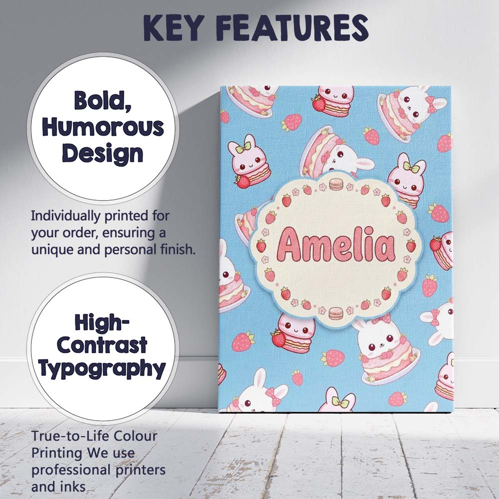 Personalised Name Cute Strawberry Bunny Custom Modern Room Accent Elegant Feature Canvas Wall Art Print Decor Picture Ready to Hang