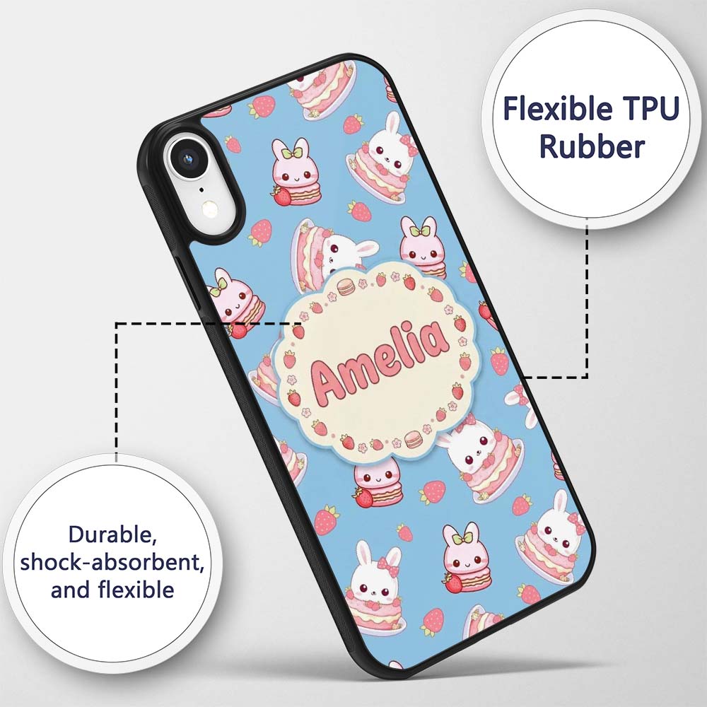 Cute Strawberry Bunny Cake Dessert Kawaii Blue Custom Name Protective Phone Case Mobile Cover Durable Everyday Smartphone Shock Resistant