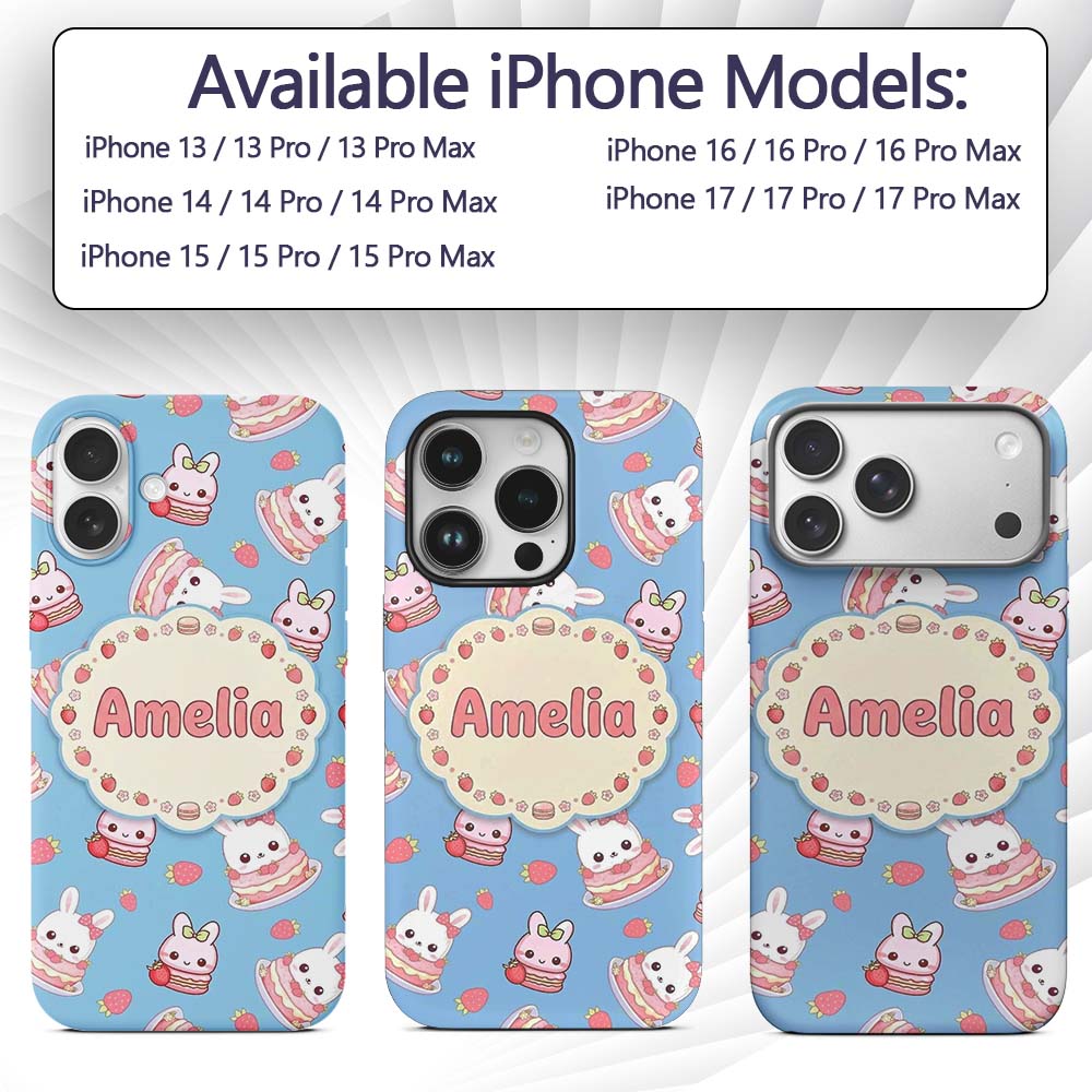 Cute Strawberry Bunny Cake Dessert Kawaii Blue Custom Name Protective Phone Case Mobile Cover Durable Everyday Smartphone Shock Resistant