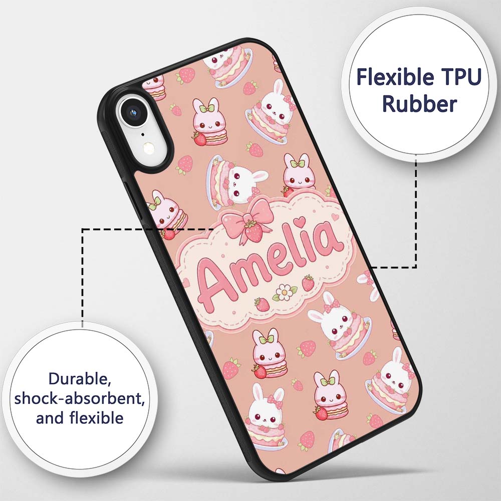 Cute Strawberry Bunny Cake Dessert Kawaii Peach Custom Name Protective Phone Case Mobile Cover Durable Everyday Smartphone Shock Resistant
