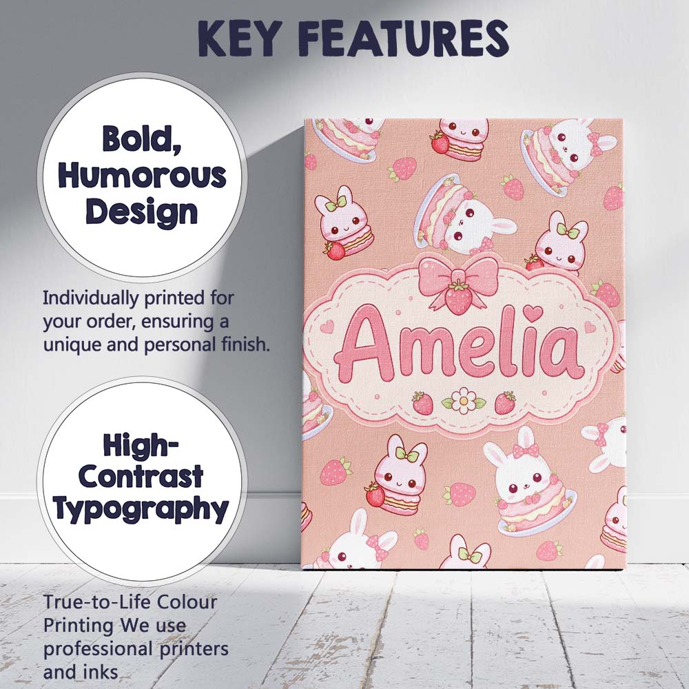 Personalised Name Cute Strawberry Bunny Custom Modern Room Accent Elegant Feature Canvas Wall Art Print Decor Picture Ready to Hang