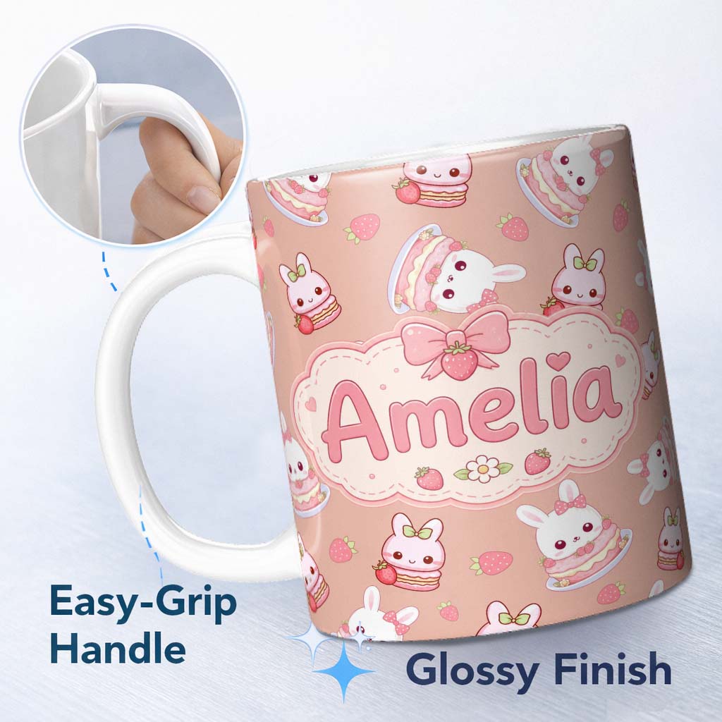 Personalized Custom Name Cute Strawberry Bunny Cake Dessert Kawaii Peach Background Seamless 11oz Ceramic Coffee Tea Mug White Large Handle